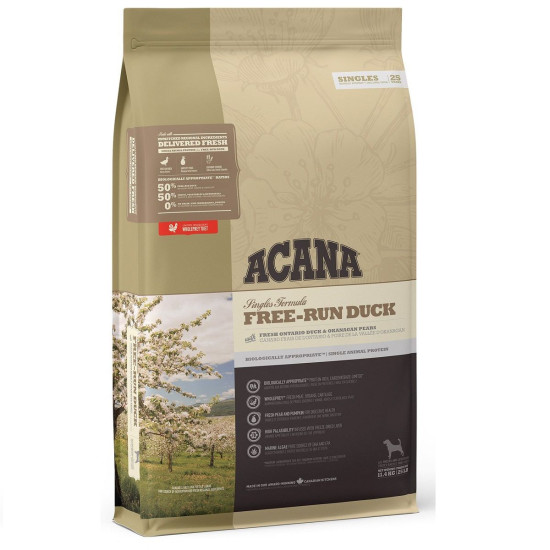 ACANA Singles Free-Run Duck – hrană uscată monoproteică fără cereale pentru câini, cu rață și pere, 11,4 kg